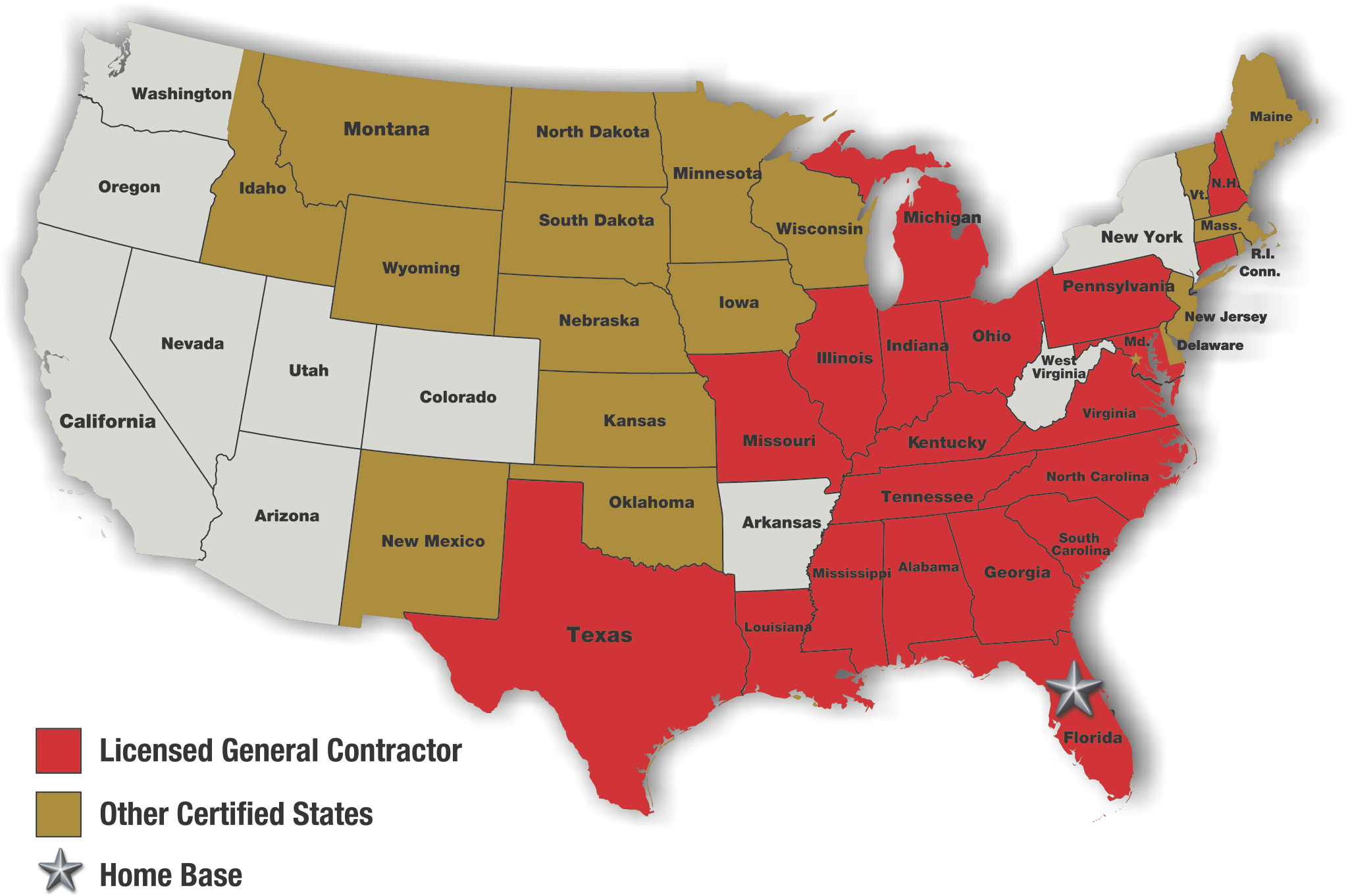 Map of the United States highlighting the 32 states where Coastal Reconstruction Group is licensed and certified for commercial construction and restoration work